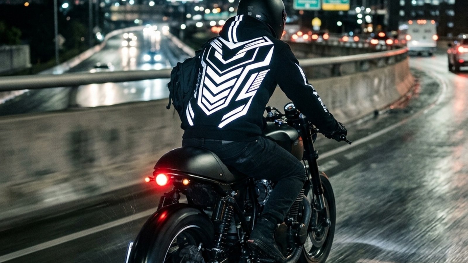 High speed motorcycle night rider with glowing retroreflective lines